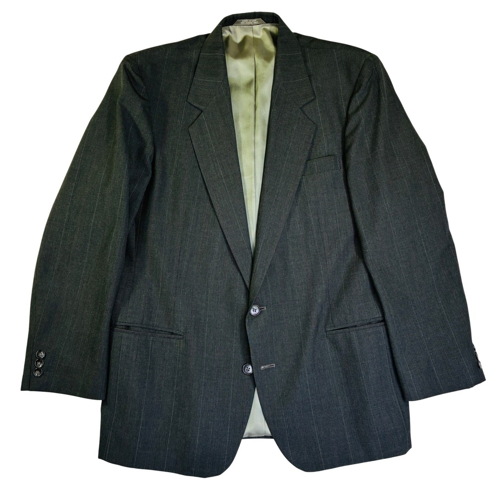 Haggar Gallery Mens Grey Pinstripe 2 Piece Suit Wool Blend Pleated Cuffed 42R